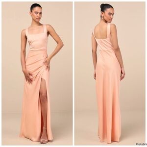 NWOT Lulus Red Carpet Romance Peach Satin Maxi Dress $89 Side Slit L